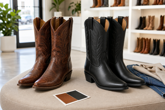 Genuine leather and PU leather cowboy boots compared side by side in a bright boutique fitting space