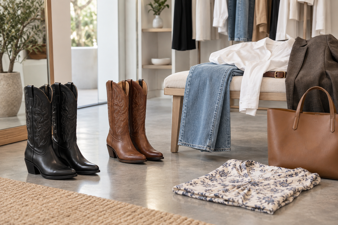 Black and brown cowboy boots styled with denim blazer shirt and neutral accessories in a modern Australian boutique
