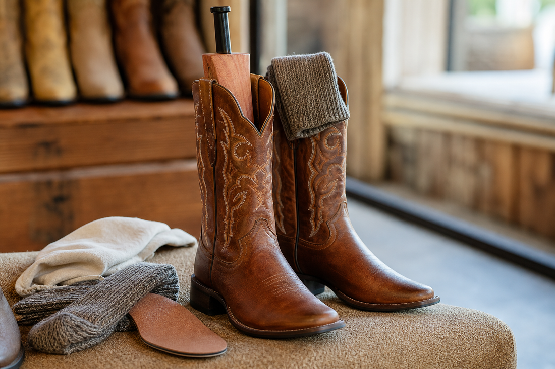 Cowboy boots being broken in with boot stretcher socks and insole