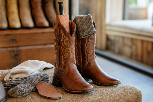 Cowboy boots being broken in with boot stretcher socks and insole