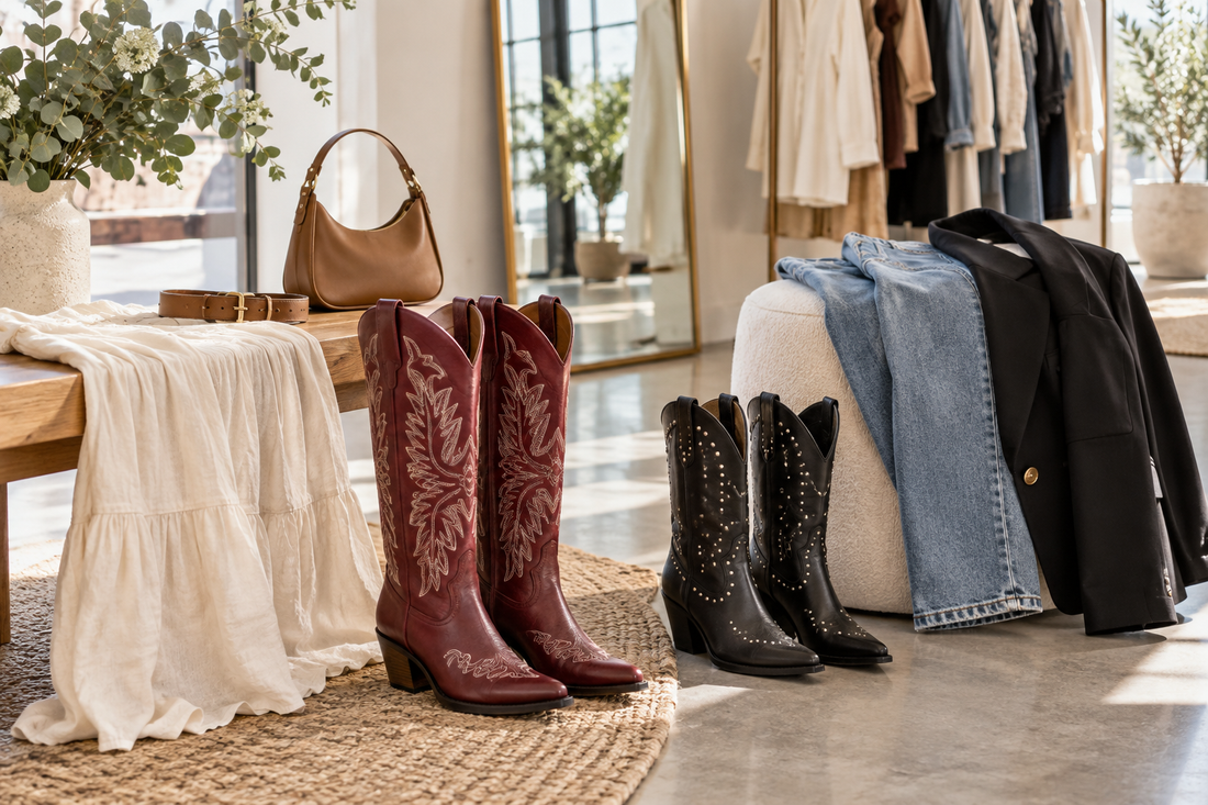 Statement cowgirl boots styled with denim cream dress blazer and accessories in an Australian boutique