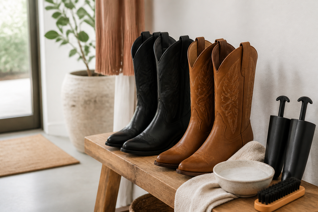 PU leather cowboy boots with cloth brush and boot shapers in a bright entryway