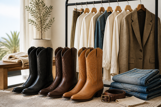 Black brown and tan cowboy boots styled with denim shirts blazer and belt for a capsule wardrobe
