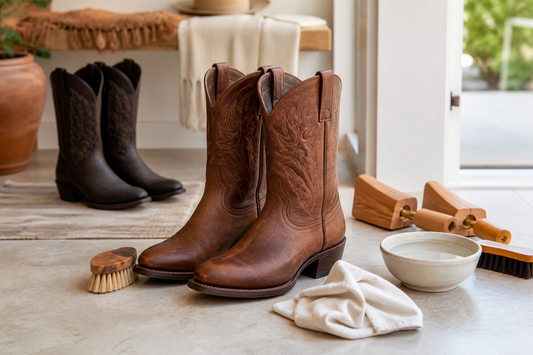 Brown cowboy boots with brush cloth and care tools for cleaning at home