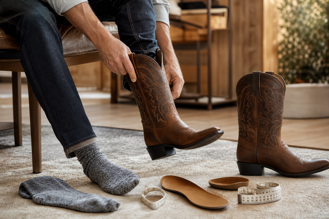 Cowboy boots being checked for toe room instep fit socks and insole