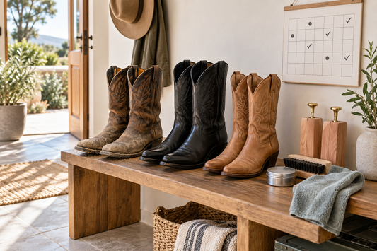 Three pairs of cowboy boots with brush cloth conditioner and boot shapers for a cleaning schedule