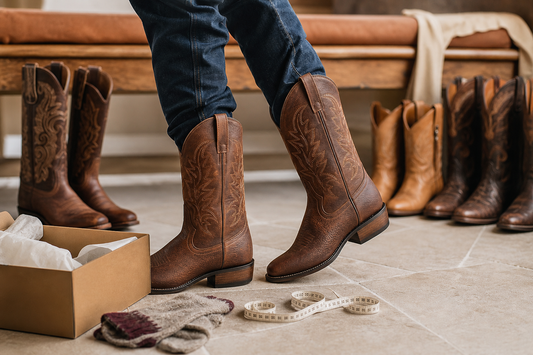 Cowboy boots being fitted with heel slip check and measuring tape