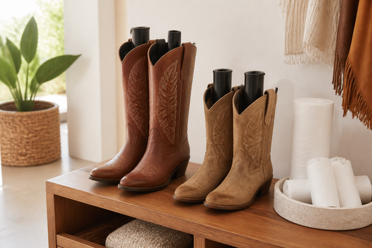 Cowboy boots stored upright with boot shapers in a bright entryway