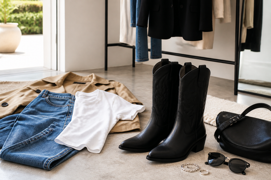 Black cowgirl boots styled with denim white tee tan trench and simple accessories in a modern boutique dressing scene