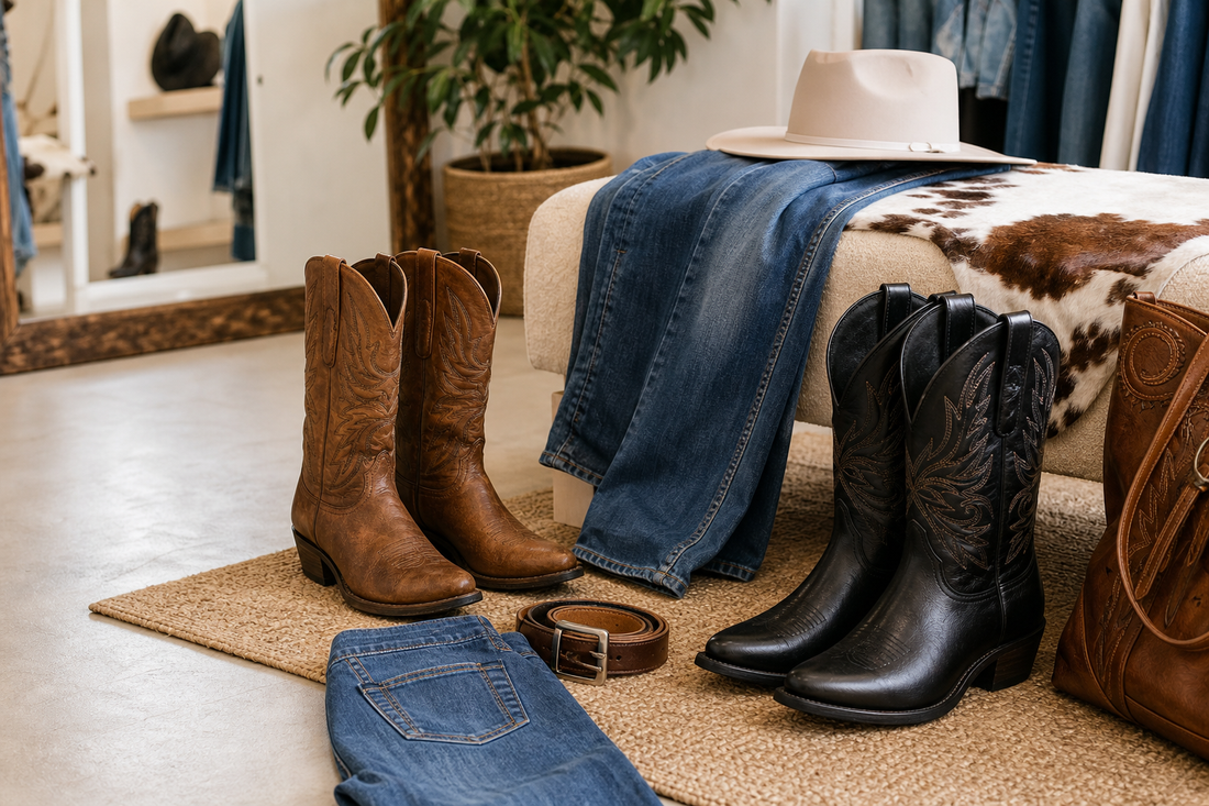 Cowboy boots styled with straight-leg and bootcut jeans in an Australian western outfit setting