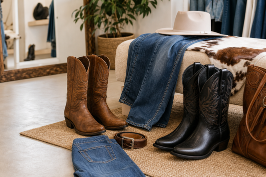 Cowboy boots styled with straight-leg and bootcut jeans in an Australian western outfit setting