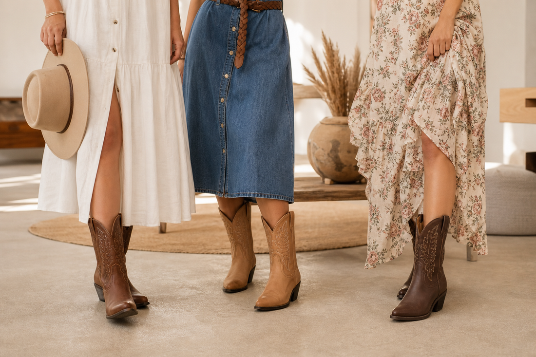 Cowgirl boots styled with dresses in an Australian western outfit setting