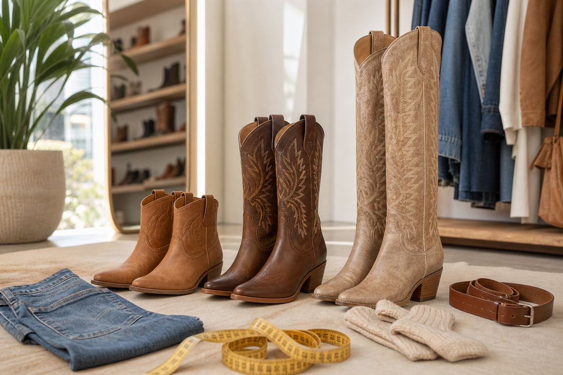 Ankle mid-calf and knee-high cowboy boots compared with measuring tape in a boutique fitting space
