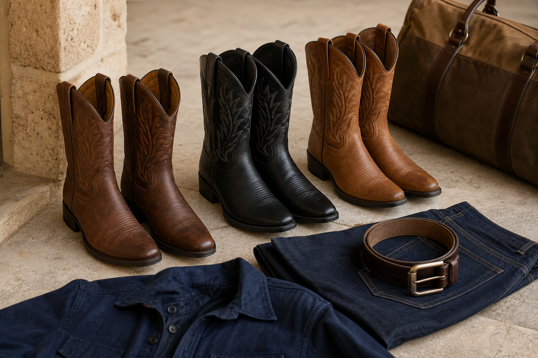 Brown black and tan men's cowboy boots styled with denim belt and weekender bag
