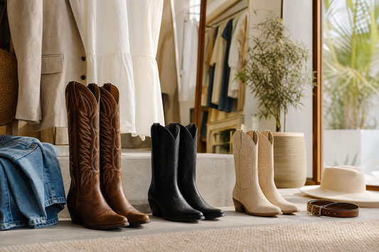 Brown black and cream women's cowboy boots styled with denim dress and blazer