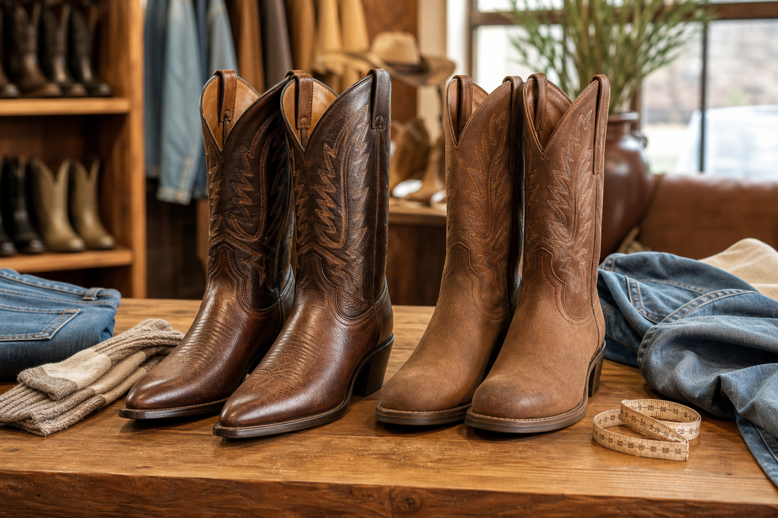 Pointed toe and round toe cowboy boots side by side in an Australian western fitting space