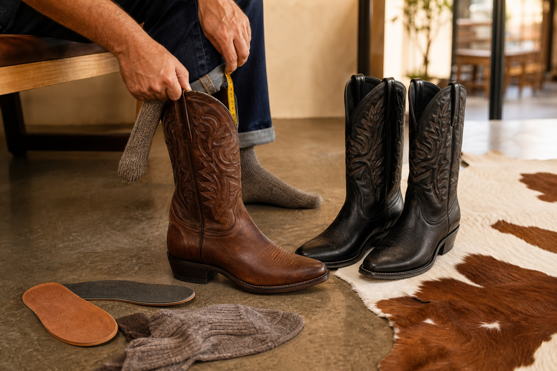 Cowboy boots sizing check with measuring tape socks and insole