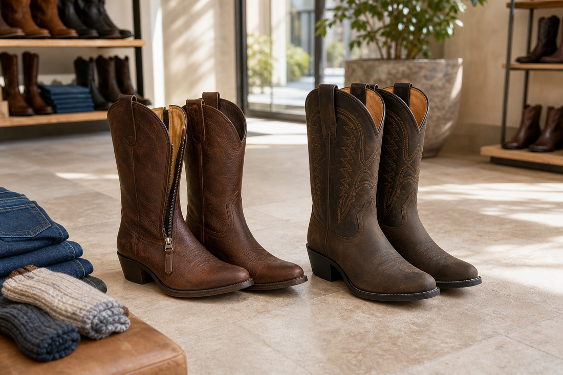 Side-zip and pull-on cowboy boots compared in a bright boutique fitting space