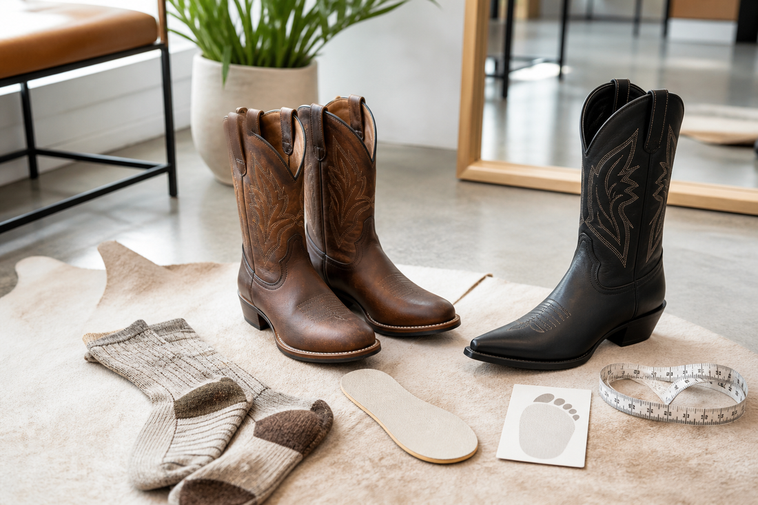 Cowboy boots with socks insole and measuring tape for checking toe pinching
