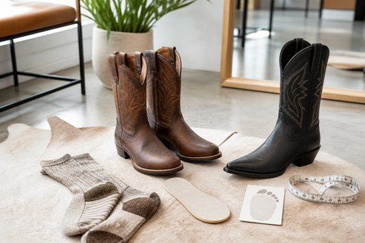 Cowboy boots with socks insole and measuring tape for checking toe pinching