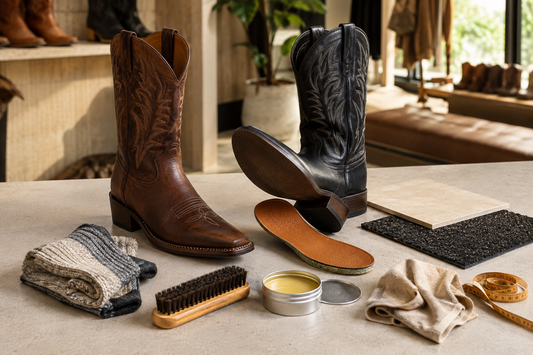 Brown and black cowboy boots with removable insole brush cloth and floor samples for finding squeaks