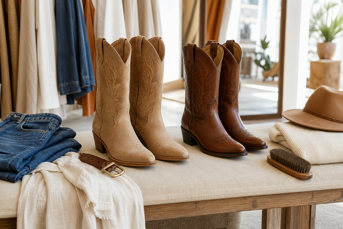 Suede-look and smooth cowboy boots styled side by side in a bright boutique fitting space