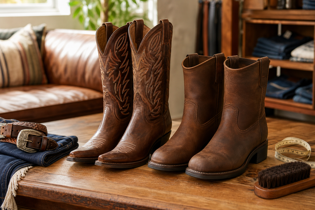 Western boots and cowboy boots compared side by side in an Australian boutique fitting space