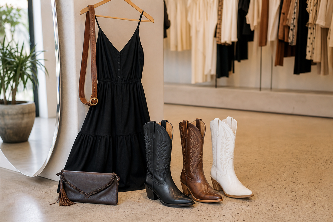 Black dress styled with black brown and white cowboy boots in a boutique setting