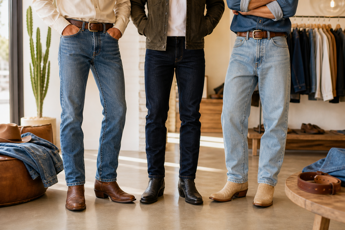 Blue jeans styled with brown black and tan cowboy boots in a boutique setting