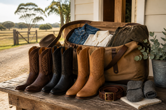 Brown black and tan cowboy boots packed beside a canvas weekender bag for a rural Australian weekend away