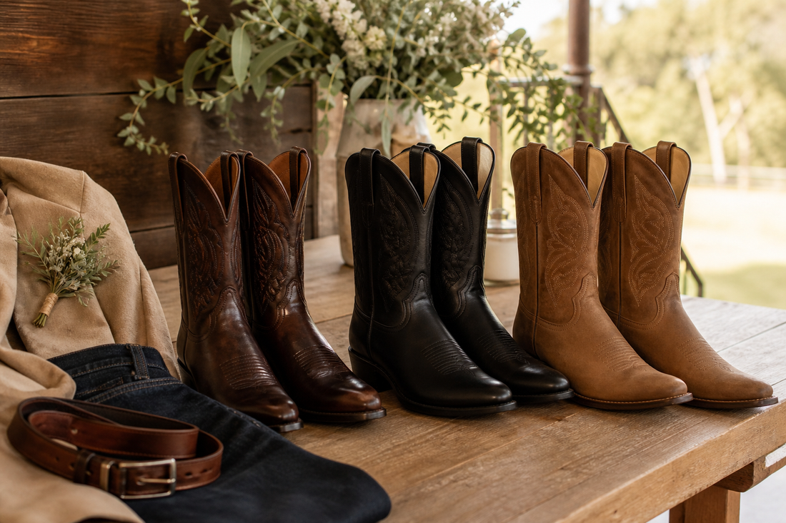 Men's cowboy boots in dark brown black and tan styled for a country wedding outfit