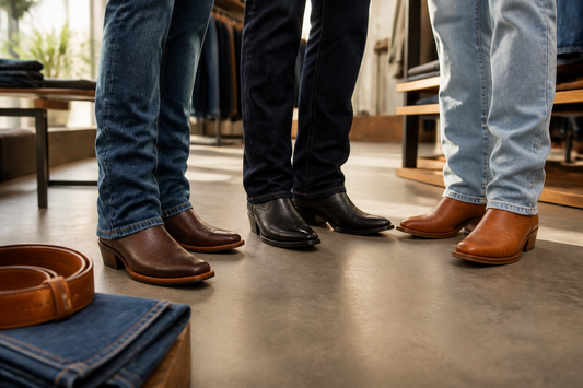 Men's cowboy boots in brown black and tan styled with different jean washes in a boutique