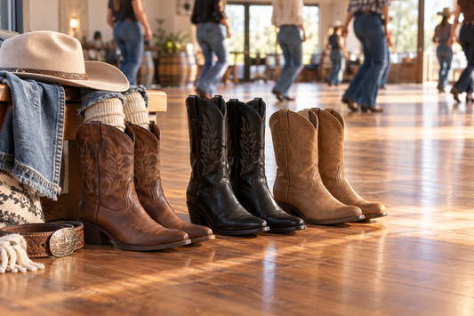Brown black and tan cowboy boots set beside a dance floor for Australian line dancing