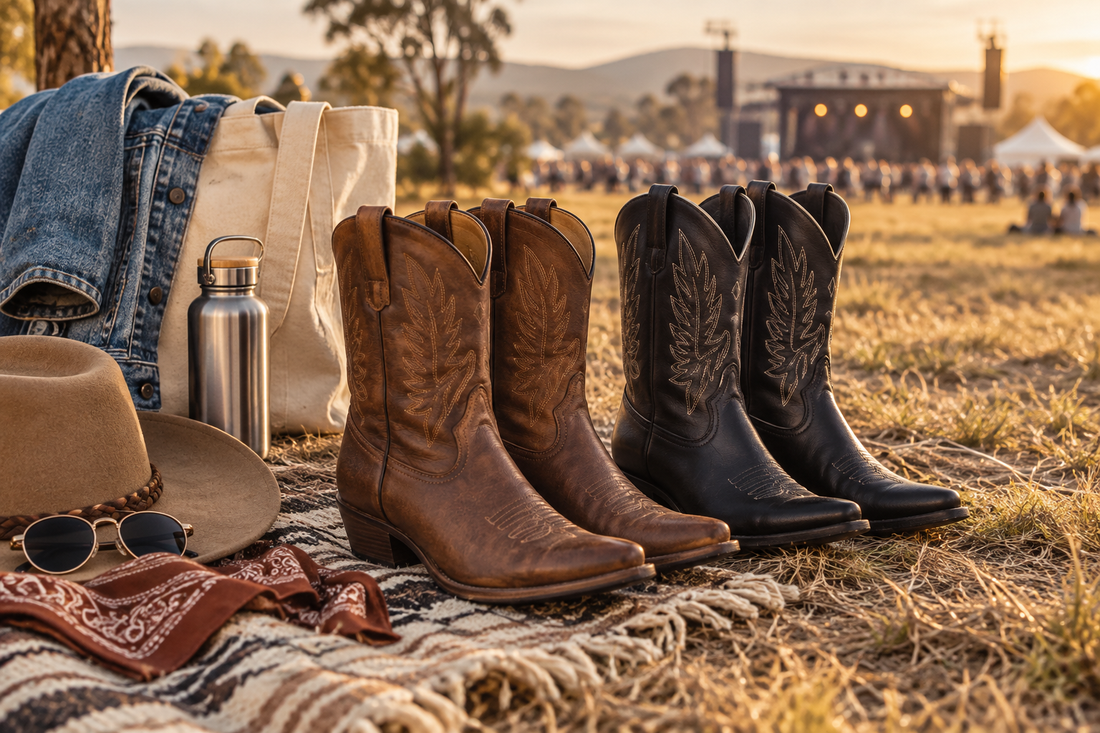 Brown and black cowboy boots styled with festival outfit essentials in warm Australian outdoor light