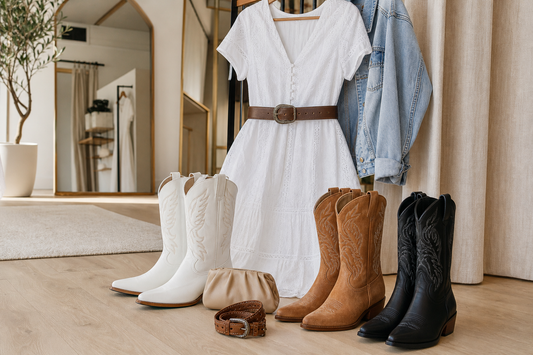 White dress styled with white tan and black cowboy boots in a boutique setting