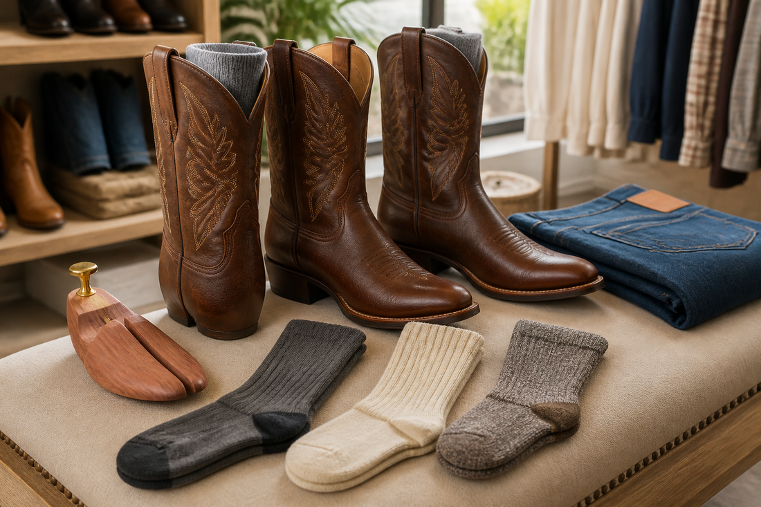 Cowboy boots with tall boot socks on a boutique fitting bench