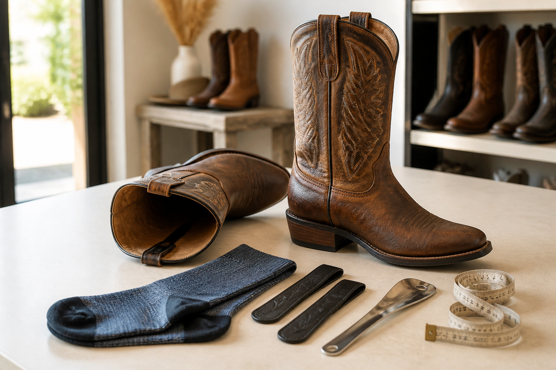 Cowboy boots with pull straps socks shoe horn and measuring tape for easier fitting