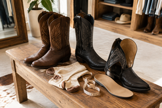 Brown and black cowboy boots with socks measuring tape and insole for checking top of foot instep pressure