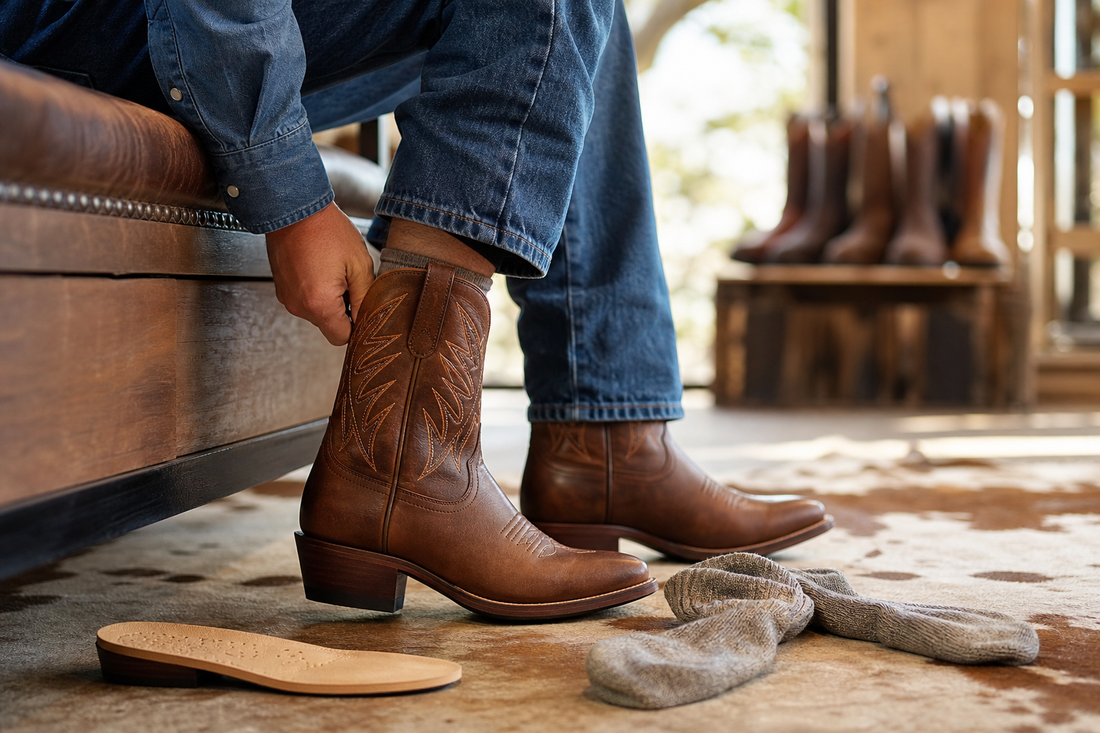 Cowboy boots heel slip check with boot socks insole and measuring tape