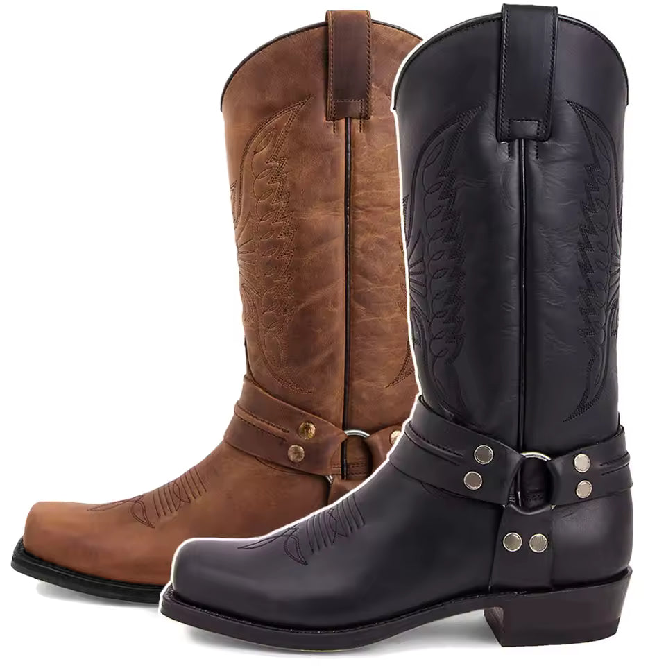 2025 New Western Cowboy Boots Black Brown Faux Leather Winter Shoes Retro Men Boots Embroidered Men Mid-calf Boots Size 48 Botas - CB041