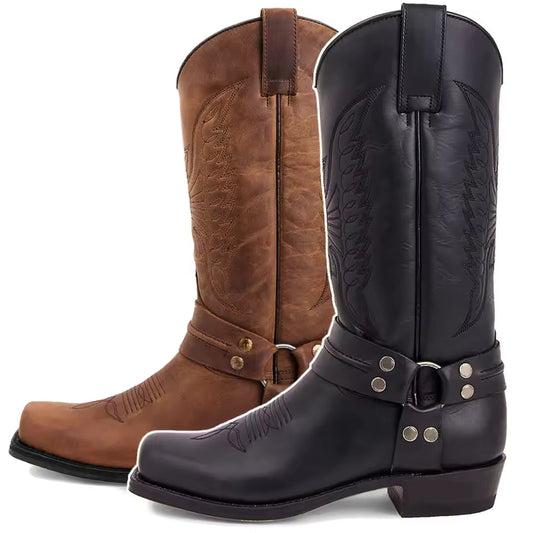 2025 New Western Cowboy Boots Black Brown Faux Leather Winter Shoes Retro Men Boots Embroidered Men Mid-calf Boots Size 48 Botas - CB041
