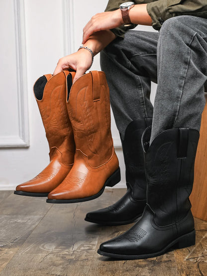 2025 Western Cowboy Boots for Men - Brown Embroidery Long Tube Leather Boots Fashion Pointed Toe Casual Riding Boots - CB018