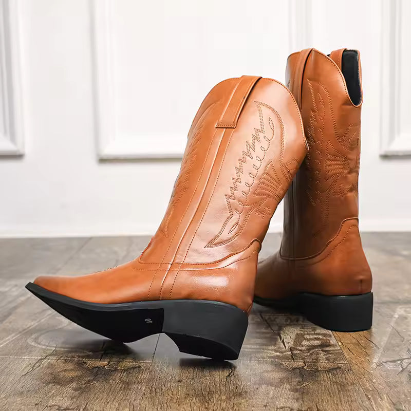 2025 Western Cowboy Boots for Men - Brown Embroidery Long Tube Leather Boots Fashion Pointed Toe Casual Riding Boots - CB018