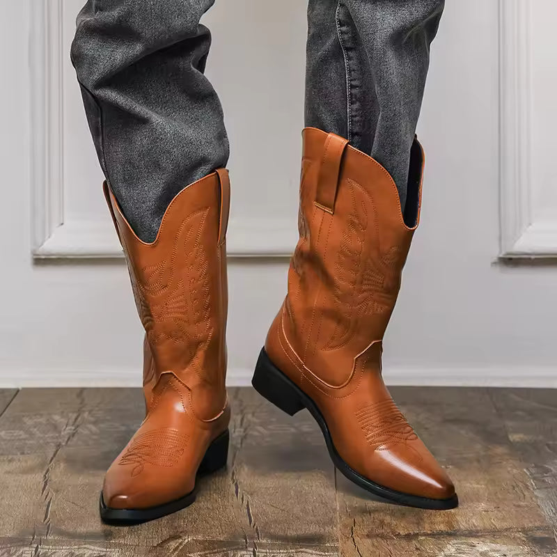 2025 Western Cowboy Boots for Men - Brown Embroidery Long Tube Leather Boots Fashion Pointed Toe Casual Riding Boots - CB018