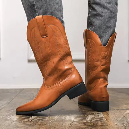 2025 Western Cowboy Boots for Men - Brown Embroidery Long Tube Leather Boots Fashion Pointed Toe Casual Riding Boots - CB018