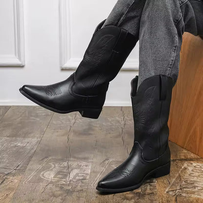 2025 Western Cowboy Boots for Men - Brown Embroidery Long Tube Leather Boots Fashion Pointed Toe Casual Riding Boots - CB018