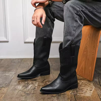 2025 Western Cowboy Boots for Men - Brown Embroidery Long Tube Leather Boots Fashion Pointed Toe Casual Riding Boots - CB018