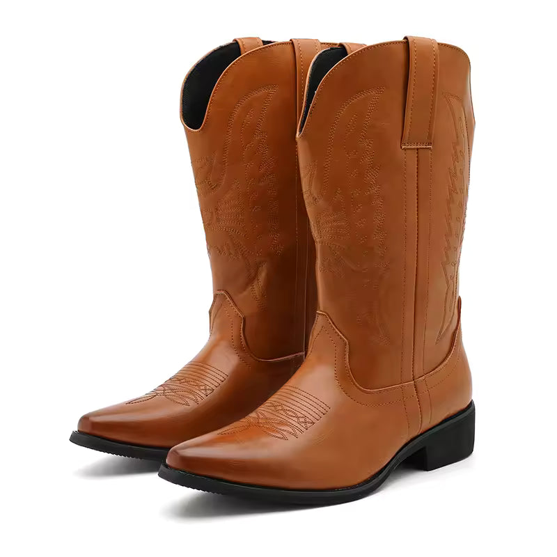 2025 Western Cowboy Boots for Men - Brown Embroidery Long Tube Leather Boots Fashion Pointed Toe Casual Riding Boots - CB018