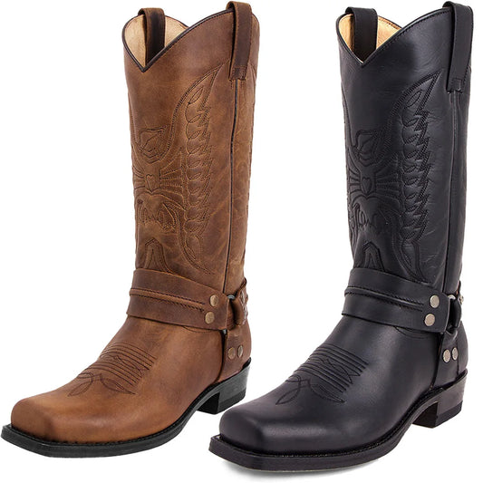 2026 New Western Cowboy Boots Black Brown Faux Leather Winter Shoes Retro Men Boots Embroidered Men Mid-calf Boots Size 48 Botas - CB017