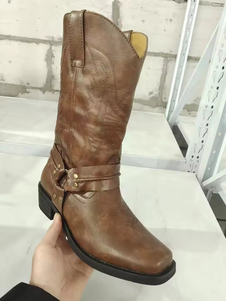 2026 New Western Cowboy Boots Black Brown Faux Leather Winter Shoes Retro Men Boots Embroidered Men Mid-calf Boots Size 48 Botas - CB017